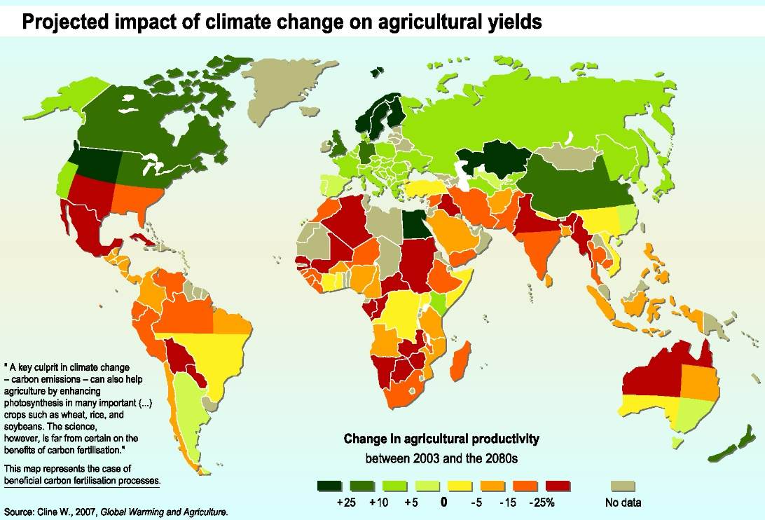 בתמונה מוצגת השינוי בתנובה החקלאית בין השנים 2003 ל-2080 בכל העולם