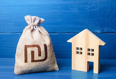 דגם מוקטן של בית מעץ, לצד שק של כסף המציג את הקשר בין הדירות לעלויות